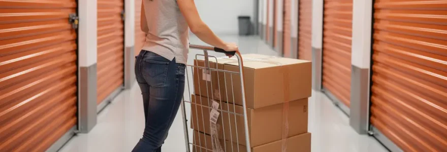 Femme chargeant des cartons de déménagement dans un couloir de centre de self-stockage