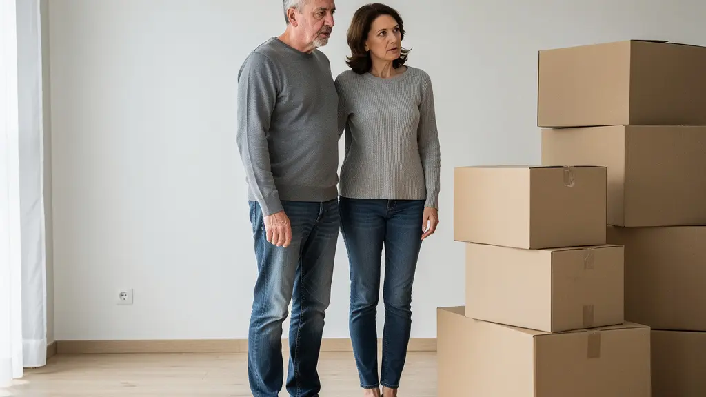 Couple réfléchissant devant cartons empilés dans appartement vide pendant déménagement