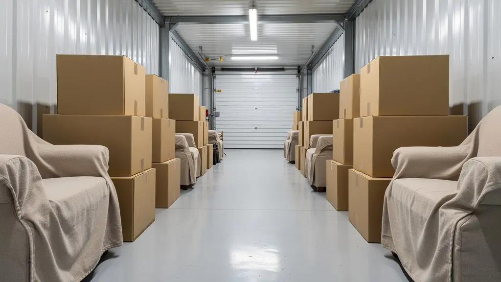 Intérieur d'un box de stockage bien organisé avec cartons empilés et meubles protégés
