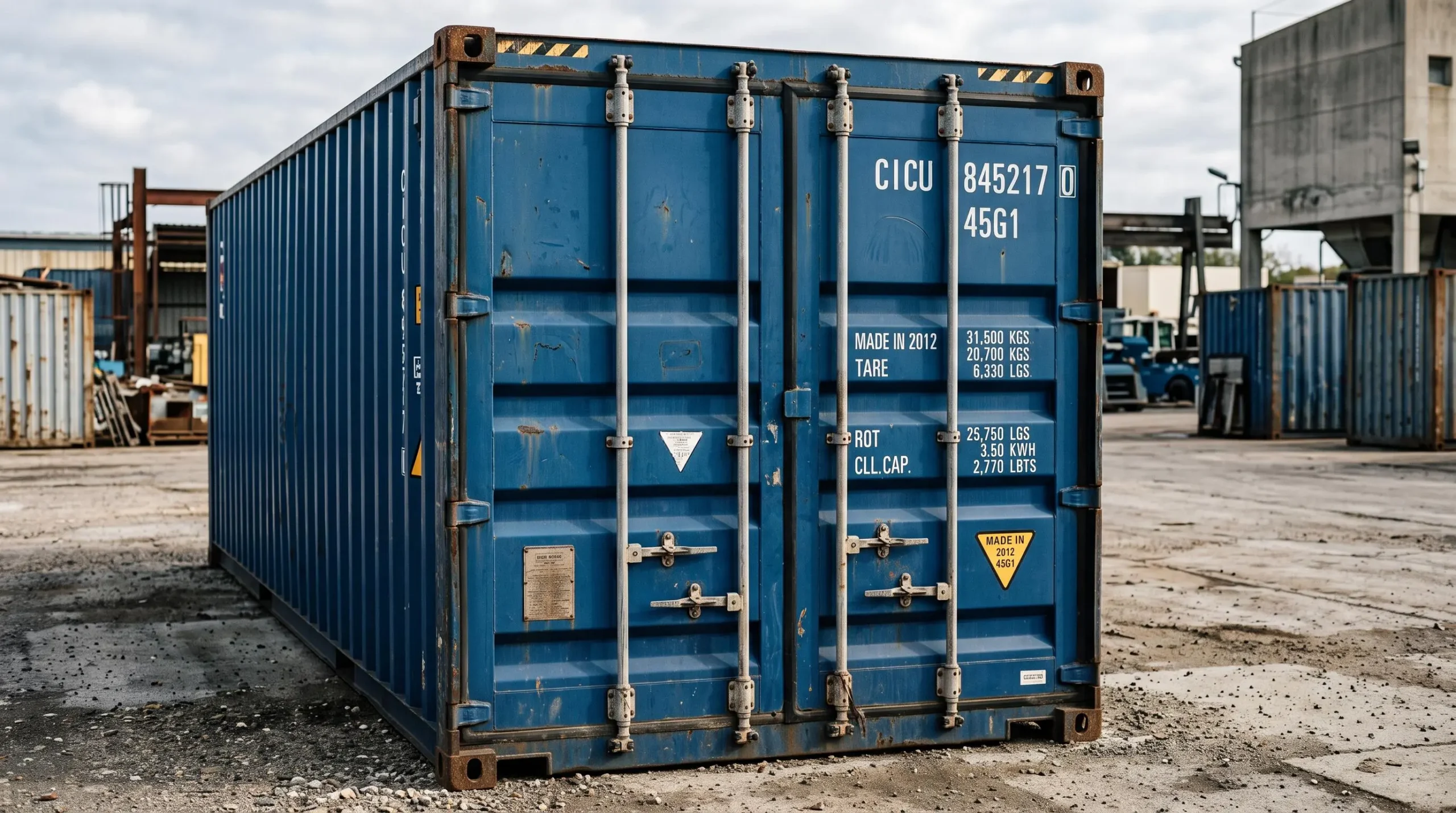 Gros plan sur les portes métalliques et la structure d'un container maritime standard avec marquages ISO