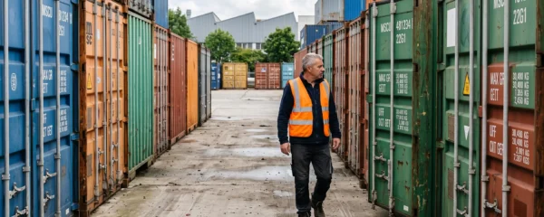 Professionnel en gilet de sécurité inspectant des containers de stockage de différentes tailles dans un dépôt industriel