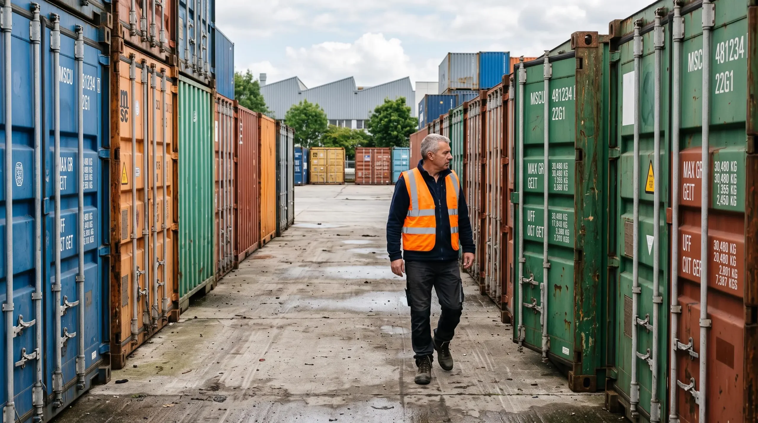 Professionnel en gilet de sécurité inspectant des containers de stockage de différentes tailles dans un dépôt industriel