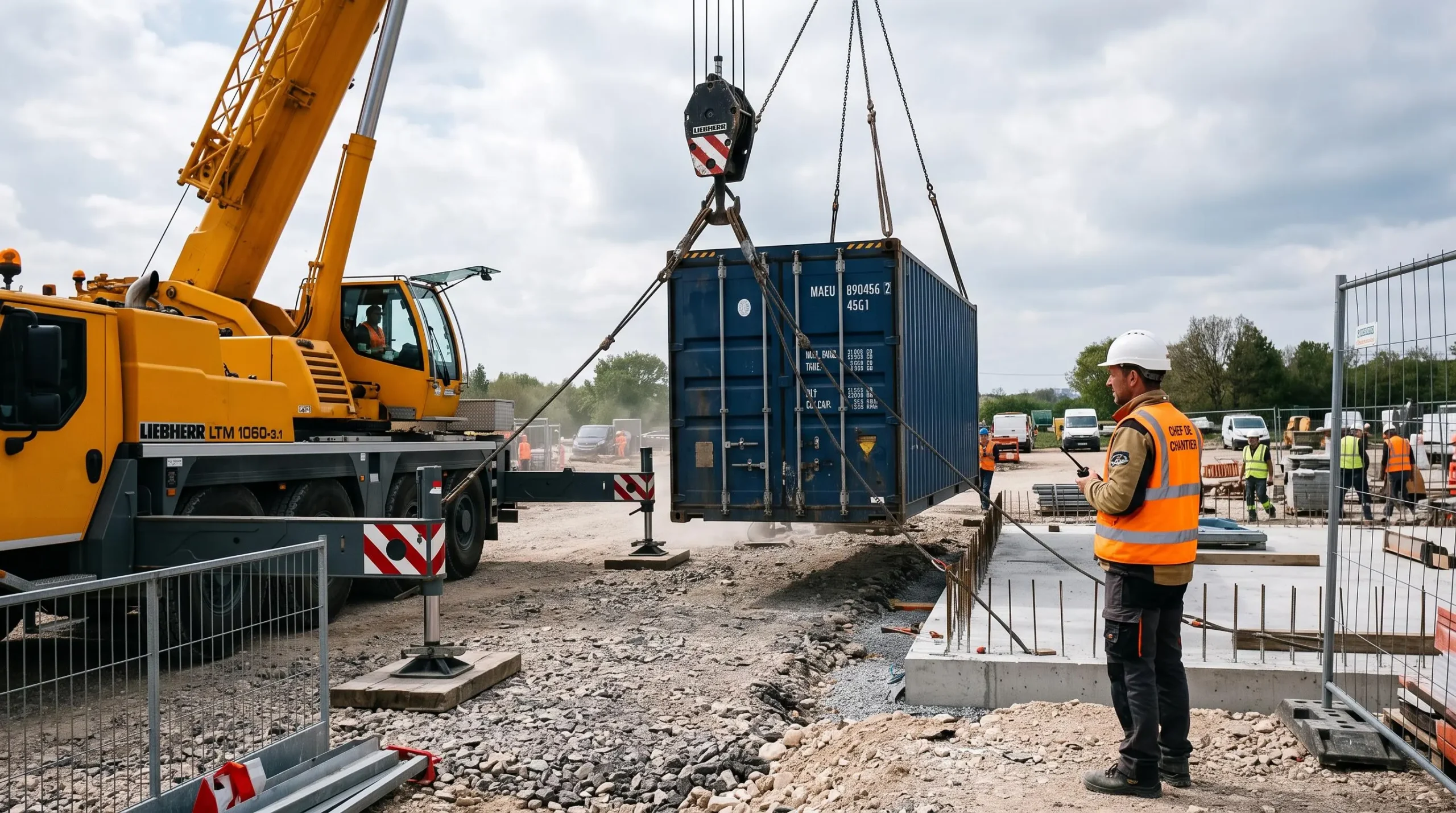 Container en cours de levage par une grue mobile sur un chantier, supervisé par un professionnel en équipement de sécurité