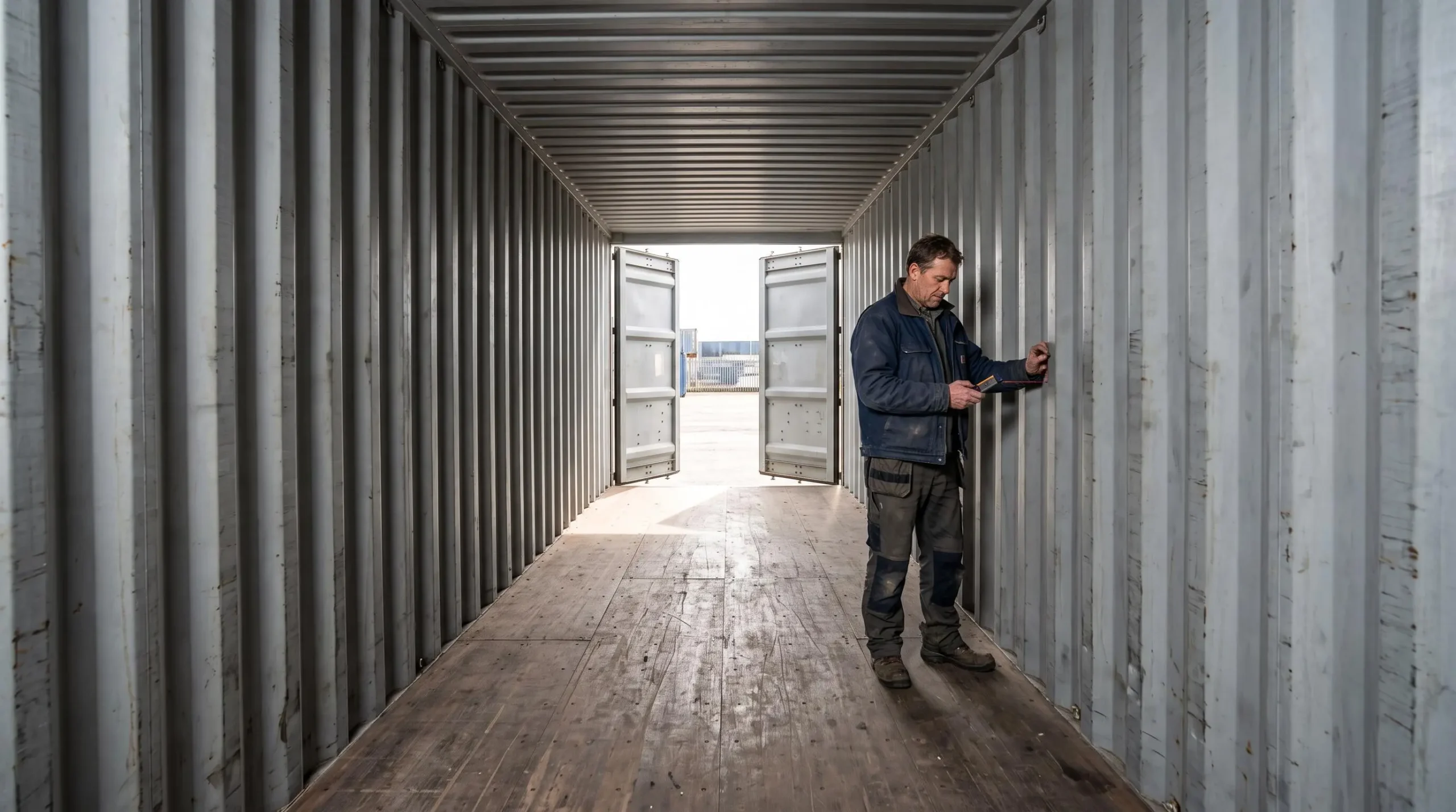 Vue intérieure d'un container vide montrant l'espace utile réel, avec un professionnel prenant des mesures